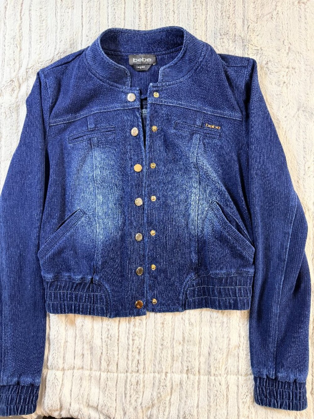 bebe Cropped Denim Jacket Small Blue Gold Snap Button